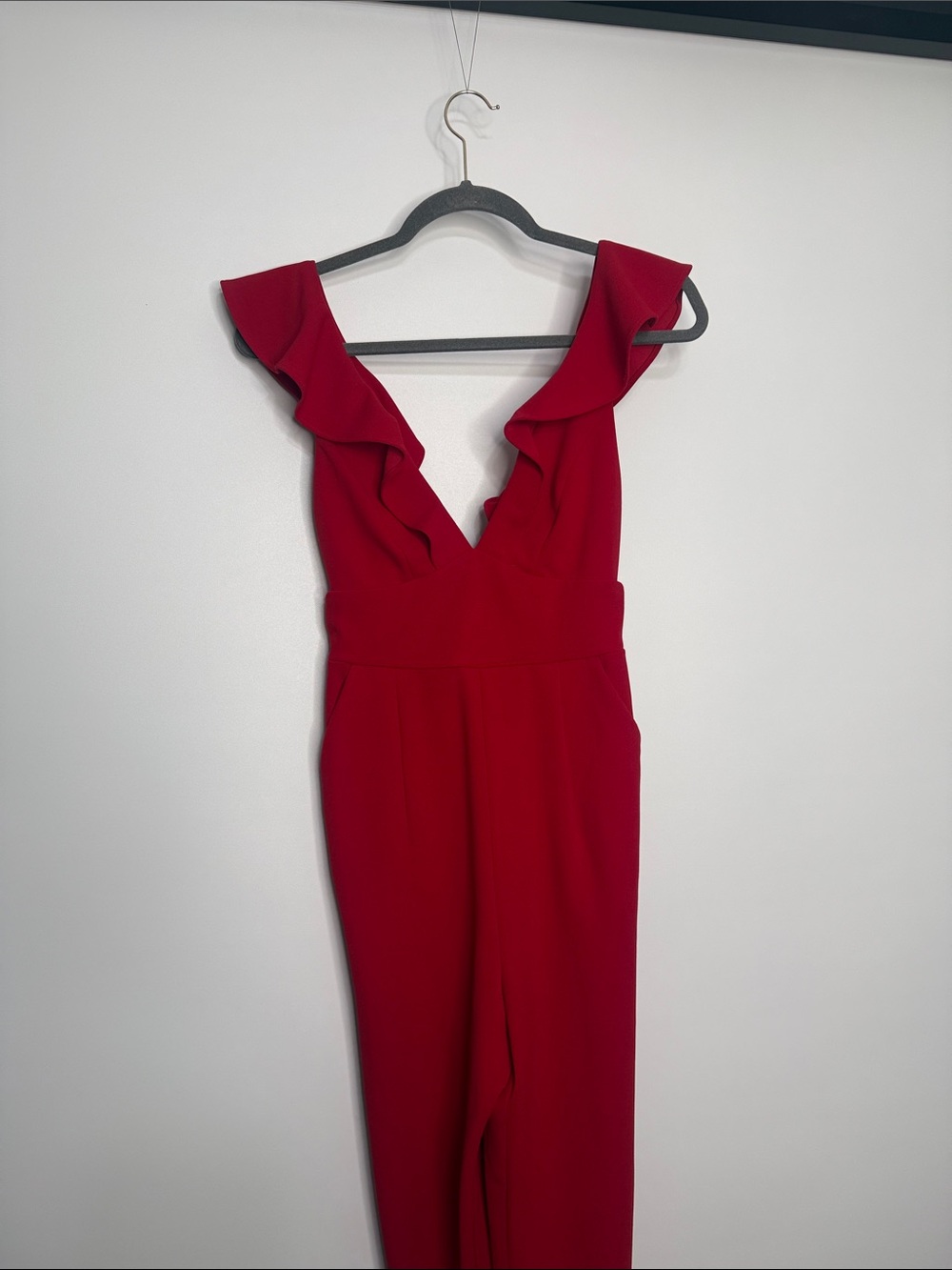 Lulu's Red V-Neck Ruffle Shoulder Jumpsuit - Picture 3 of 10